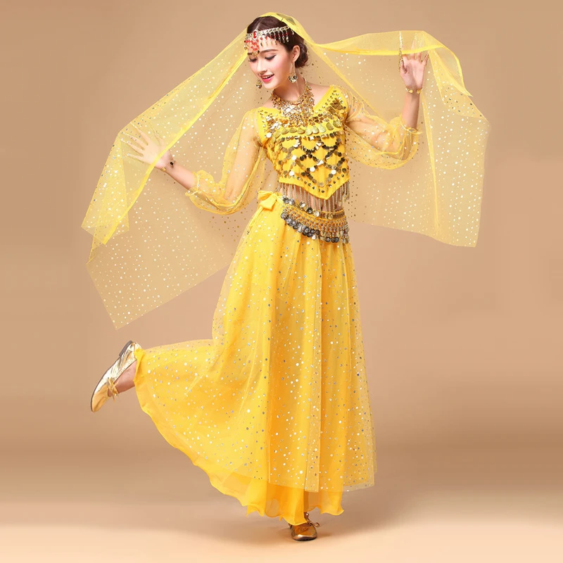 Танцевальное платье для Танца живота, 5 шт., бюстгальтер с бабочкой, юбка с подсветкой, Цепочка на талии, вуаль на голову, Шарф с цепочкой на голову, Сари, Индийская одежда, Костюм