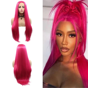 Синтетический парик из синтетических волос на кружеве, розовые волосы, Длинные прямые розовые парики для женщин, термостойкие волокнистые волосы 24 дюйма