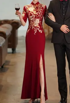 Китайское свадебное женское платье Чонсам, красная вышивка, Золотая сценическая традиция, Бордовый Весна
