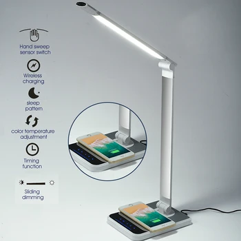 Новая светодиодная настольная лампа, 3 цвета, Ручная развертка, Беспроводная зарядка для телефона, вращение на 360 градусов, сенсорная защита глаз с таймером, настольная лампа