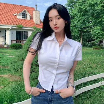 Летняя Блузка-рубашка для женщин, модные повседневные офисные женские белые рубашки с коротким рукавом и V-образным вырезом в Японском Корейском стиле, облегающие топы