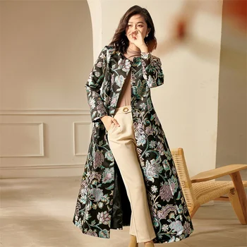 Жаккардовое пальто в английском стиле, тренч, ветровка, женское длинное пальто, двубортная роскошная куртка, пальто оверсайз, Винтажное женское