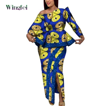 Одежда в Африканском стиле, Анкара, Модный Женский комплект из 2 предметов с цветочным принтом, Юбка и Верхнее пальто, вечерний наряд в Африканском стиле Дашики с Длинным рукавом, Wy7896