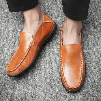 Большие размеры 37-47, мужская повседневная обувь из натуральной кожи для мужчин, Роскошная Брендовая мужская Дышащая Кожаная обувь без застежки для вождения для мужчин