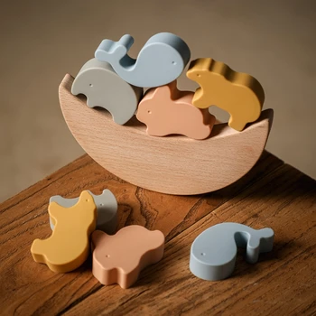 1 комплект, детская Деревянная Силиконовая игрушка для укладки животных, строительные блоки Монтессори, Безопасный нетоксичный детский прорезыватель для зубов, детские подарки
