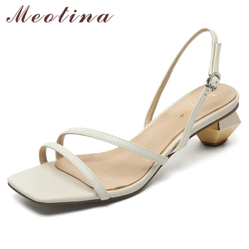 Обувь Meotina, женские босоножки из натуральной кожи, Босоножки на среднем каблуке с узкой лентой, обувь с квадратным носком, женская обувь странного стиля, летняя обувь