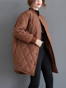 Женская Зимняя куртка, однобортный Корейский Модный Топ с Длинным рукавом, пальто цвета Хаки, Свободные Теплые Клетчатые Повседневные Стеганые Пальто, Женские