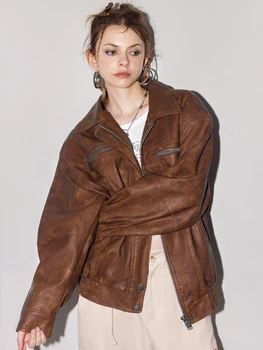 Весенне-осенняя коричневая куртка из искусственной кожи в американском ретро стиле, пальто, Байкерская ветровка, Женские Модные Универсальные топы, куртка