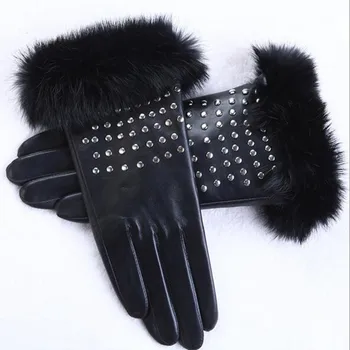 Женские импортные перчатки из овчины, перчатки из натурального лисьего меха, модные заклепки, зимние перчатки для вождения, перчатки из натуральной кожи, женские AG-17