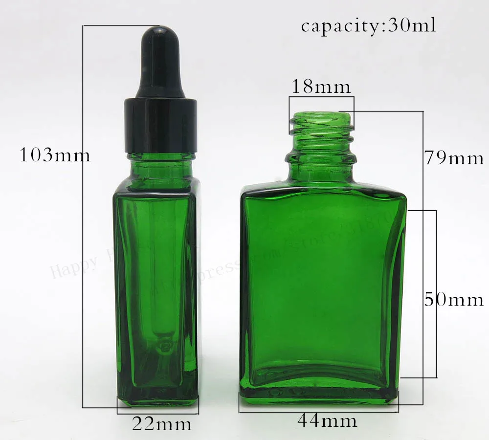 12 шт./лот 30 мл Кобальтово-зеленая плоская квадратная стеклянная бутылка с алюминиевой капельницей 1 унция Пустой стеклянный контейнер для капельницы