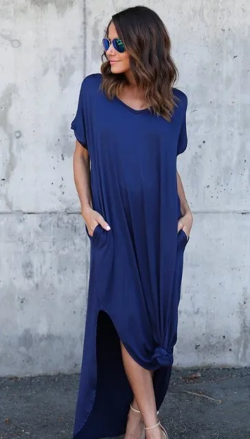 2023, женская модная летняя длинная юбка, летние однотонные повседневные платья Макси с коротким рукавом