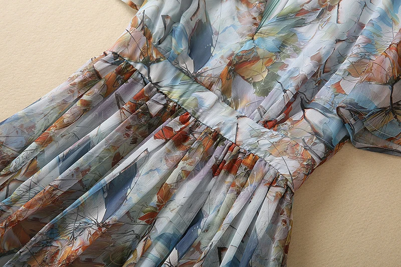 MIUXIMAO 2023 Элегантное платье с рисунком тушью, короткий рукав, V-образный вырез, праздничное модное длинное платье, женская одежда