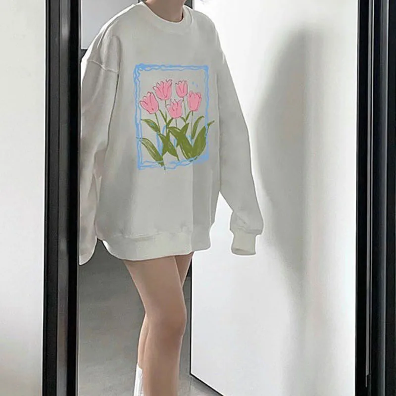 Y2k, Новый Свободный пуловер с капюшоном, женские летние толстовки в стиле колледжа с круглым вырезом и принтом тюльпана, топы с длинными рукавами, одежда Kawaii
