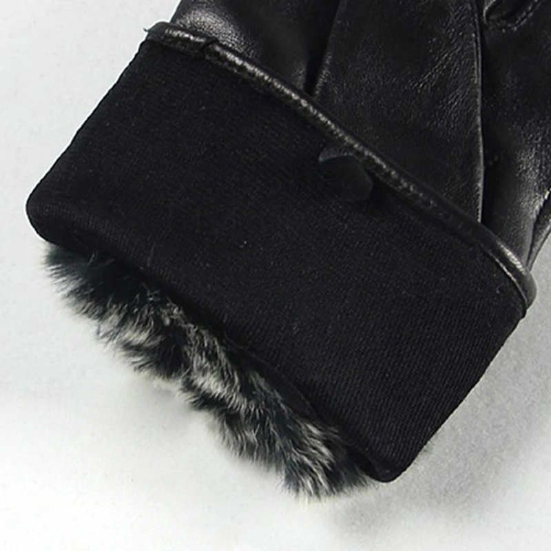 Брендовые перчатки из натуральной кожи, Модные Женские перчатки из овчины, на запястье из кроличьей шерсти, черные Зимние Перчатки для вождения L126NK