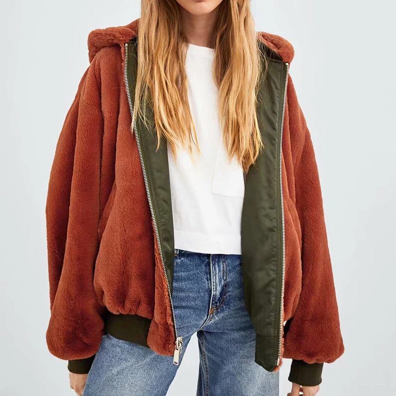 Модная зимняя куртка, Уличная одежда, Женское двустороннее пальто из искусственного меха ягненка с капюшоном, длинный рукав, негабаритная куртка-бомбер, верхняя одежда