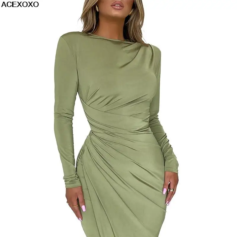 Осень 2023, новая мода, темперамент, элегантное плиссированное платье с длинными рукавами на основе тонкой талии
