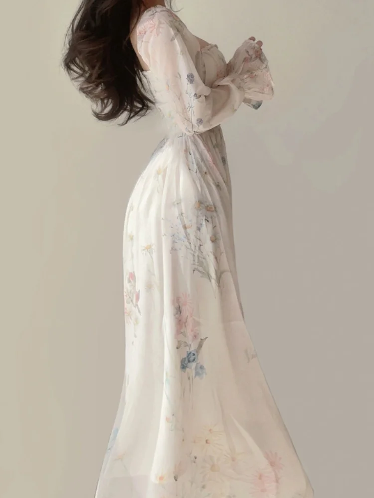 Платье с цветочным рисунком для женщин 2023, Модное Элегантное платье миди с длинным рукавом во французском стиле, Шикарные повседневные шифоновые платья с квадратным воротником