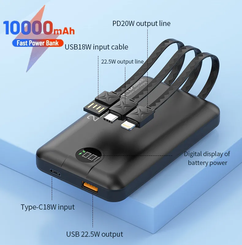 Сверхбыстрая зарядка 22,5 Вт Power Bank 10000 с кабелями TYPE C, Цифровой дисплей Power Bank, портативный внешний аккумулятор для iPhone