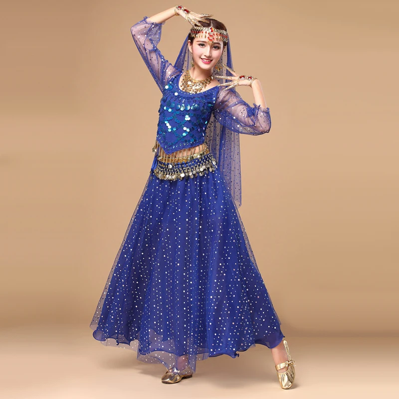 Танцевальное платье для Танца живота, 5 шт., бюстгальтер с бабочкой, юбка с подсветкой, Цепочка на талии, вуаль на голову, Шарф с цепочкой на голову, Сари, Индийская одежда, Костюм