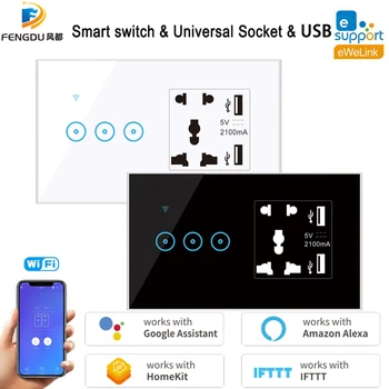 ЕС/США/Великобритания/AU WiFi Розетка 5 Pin USB Универсальная Настенная Розетка 1/2/3 Банды Умный Сенсорный выключатель света Работает с Alexa Google Home