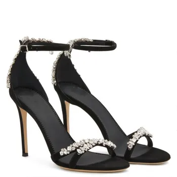 Высококачественная летняя новинка 2023 года из кожи с черными бриллиантами для дам, изысканные роскошные туфли на высоком каблуке, Женская обувь, свадебные туфли