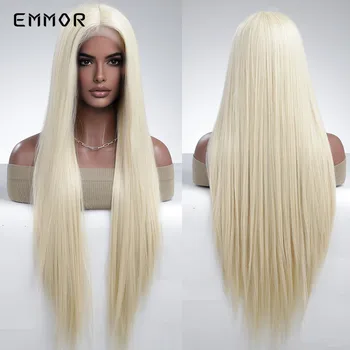 Синтетический кружевной парик Emmor с Т-образной частью, Длинные прямые парики из светлых волос для белых женщин на каждый День, парик из натуральных волос высокой плотности