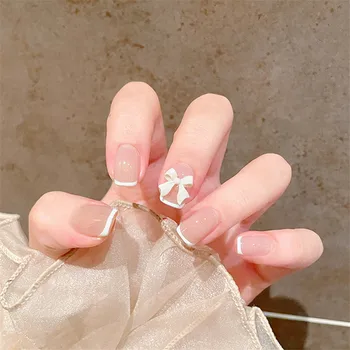 Простой французский галстук-бабочка С усилителями для ногтей, наклейки для ногтей, Готовые изделия, Белые женщины с наклейками для ногтей, накладные ногти
