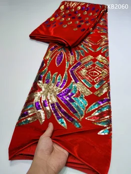 Бархатные кружевные ткани Red Sequence, Африканский Тюль, Кружевная ткань Высокого качества 2023, Свадебные блестки, Бархатные ткани для шитья KB2060