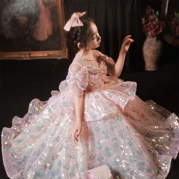 Платье для Первого причастия для девочек, Детское Праздничное бальное платье, Свадебные платья с блестками для девочек, детское Фортепианное представление, Vestidos
