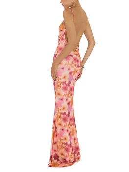 Женское сексуальное Длинное облегающее платье с цветочным принтом и глубоким вырезом без рукавов, коктейльное платье на бретелях, летнее клубное платье с открытой спиной