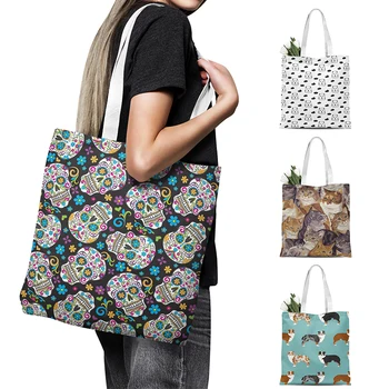 Модная женская холщовая сумка с животными, милая сумка для покупок для девочек, забавная повседневная сумка с черепом, сумка-тоут большой емкости, многоразовая сумка