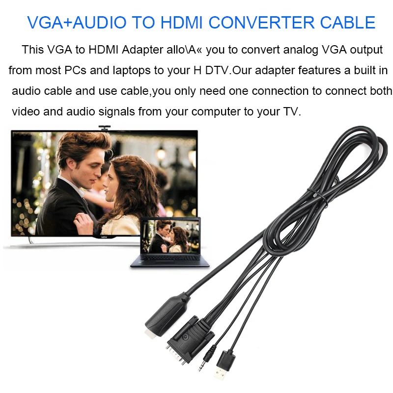 1,8 М от мужчины к Мужчине VGA Аудио к HDMI Кабель VGA2HDMI Адаптер Конвертер с Аудио USB ПОРТОМ ТВ AV к HDTV Видео Кабель ДЛЯ Компьютера