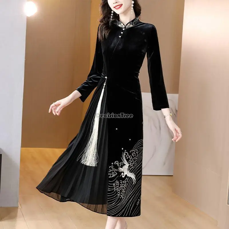 2023 бархатное улучшенное элегантное модное платье с вышивкой чонсам в китайском стиле, женское платье ципао с раздельным дизайном для вечеринки