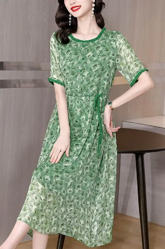 2023 Зеленое Шифоновое Платье Миди с Цветочным Рисунком и Гофрированным воротником, Женское Модное Легкое Повседневное Пляжное Платье, Летние Корейские Элегантные Облегающие Платья