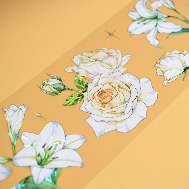 5-метровый рулон белой лилии и желтой розы, Блестящая цветочная ПЭТ-лента