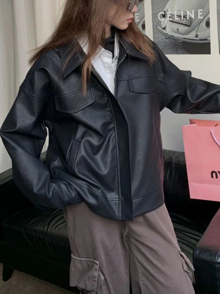 FTLZZ, Новая Демисезонная мотоциклетная куртка из искусственной кожи, женская уличная одежда, пальто из искусственной кожи на молнии с лацканами, Женская Повседневная Свободная верхняя одежда