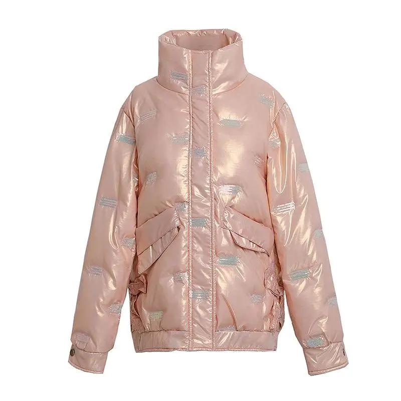 Женская короткая хлопковая куртка с блестящими пайетками, расшитая универсальными вставками, хлопковая куртка с воротником-стойкой