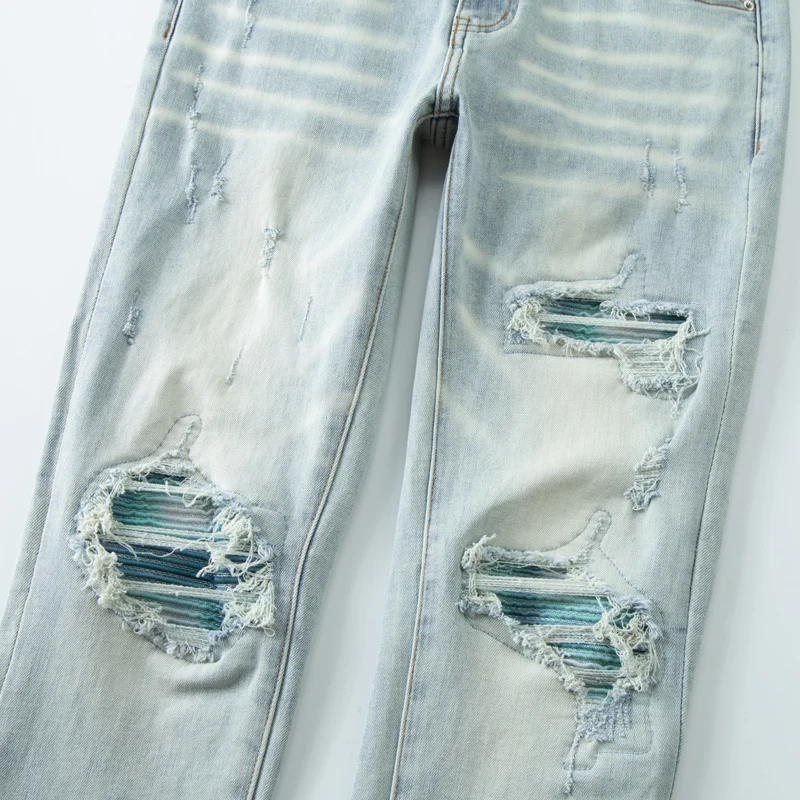 Модные Мужские джинсы в стиле Ретро, светло-Голубые, Стрейчевые, обтягивающие, Рваные Джинсы, Мужские Заплатанные Дизайнерские брюки в стиле хип-хоп, Бренд Hombre