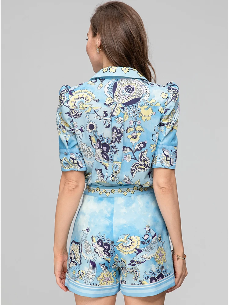 Модный дизайнерский весенне-летний костюм Seasixiang, женские топы с отложным воротником и пышными рукавами + Шорты, комплект с цветочным принтом