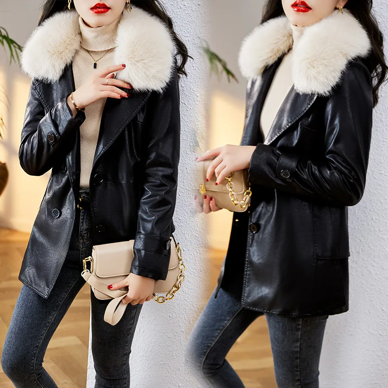 Новая осенне-зимняя женская куртка из искусственной кожи большого размера с воротником из искусственного меха, Теплое мягкое пальто на утолщенной подкладке, куртки с длинными рукавами