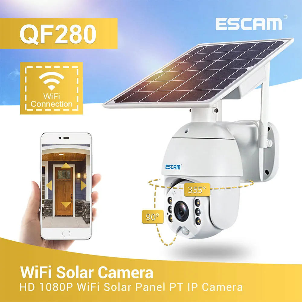 Облачное хранилище ESCAM QF280 1080P, аккумулятор PT WIFI, сигнализация PIR, IP-камера с солнечной панелью, Двухстороннее ночное видение, IP66, водонепроницаемый