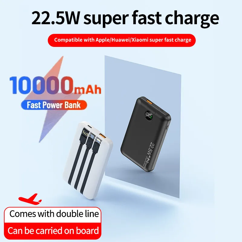Сверхбыстрая зарядка 22,5 Вт Power Bank 10000 с кабелями TYPE C, Цифровой дисплей Power Bank, портативный внешний аккумулятор для iPhone