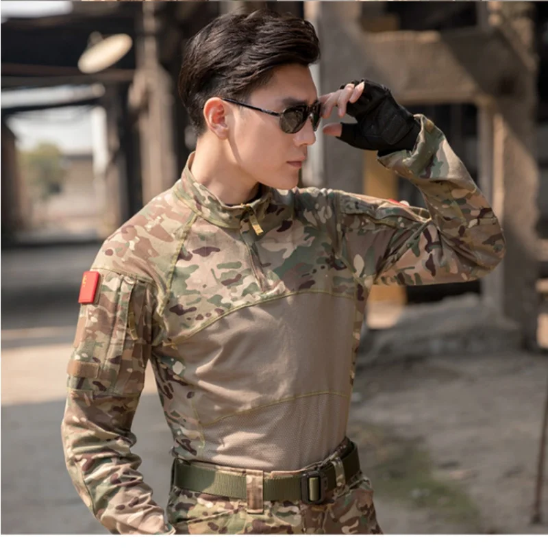 Тактическая боевая рубашка Мужская Хлопчатобумажная Военная форма, Камуфляжная тренировочная футболка, Многокамерная одежда Армии США, Камуфляжная рубашка с длинным рукавом