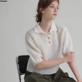 2023 осенняя новая женская модная повседневная рубашка поло в стиле ретро с пузырчатым рукавом, вязаный свитер с короткими рукавами