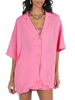 Женский Розовый комплект с юбкой-двойкой, стильные рубашки оверсайз с коротким рукавом, топы и кокетливые юбки для пляжной одежды