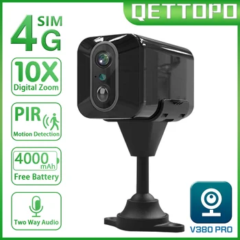 Qettopo 5MP 4G Мини-камера с SIM-картой, Встроенный аккумулятор, Обнаружение движения PIR, Система Видеонаблюдения в помещении, WIFI Камера V380 PRO
