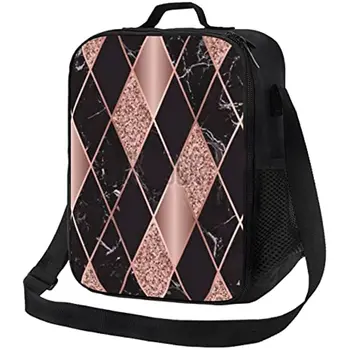 Многоразовая сумка-тоут из розового золота и мрамора, розово-черная Геометрическая сумка для ланча с держателем для бутылки с водой и регулируемым плечевым ремнем для офиса