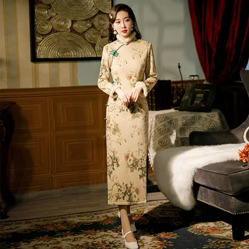 Осенне-зимнее Утолщенное платье с меховым воротником и темпераментным принтом, длинное твидовое платье-Чонсам в китайском стиле с высоким разрезом для женщин