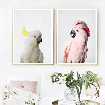 Розово-белая Птица Какаду, Картина на холсте, Милые животные, принты Попугаев и плакат, Настенные художественные картины для домашнего декора гостиной