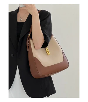 Сумка для пригородных поездок из воловьей кожи на первом слое, женская сумка большой емкости для подмышек, контрастная по цвету сумка через плечо на одно плечо